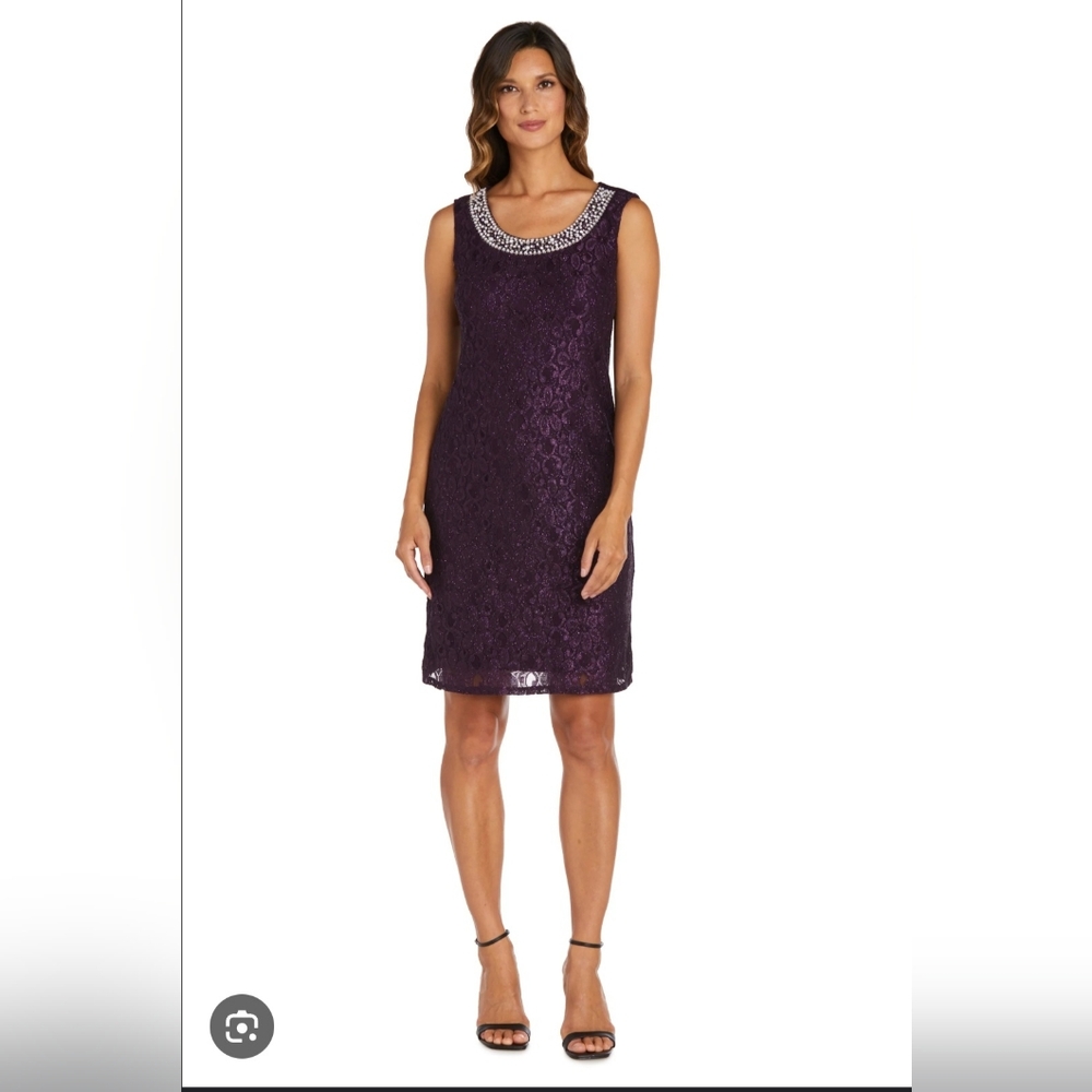 R&M RICHARDS Women's Sheer Draped Jacket and Pearl- Embellished Lace Shift Dress